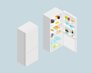Open and closed vector detailed isometric fridge. High quality isometric refrigerator set for your design.