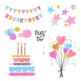 Birthday party icon set. Vector colorful hand drawn illustration.