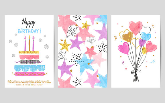 Happy Birthday cards set. Celebration vector colorful templates with birthday cake, balloons and stars.