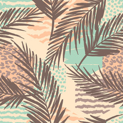 Fototapeta na wymiar Abstract seamless pattern with animal print, tropical plants and geometric shapes.
