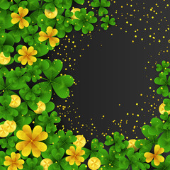 Saint Patrick s Day frame with green and gold four and three Leaf clovers,golden coins on black background. Party invitation template. Lucky,success and money symbols vector illustration.
