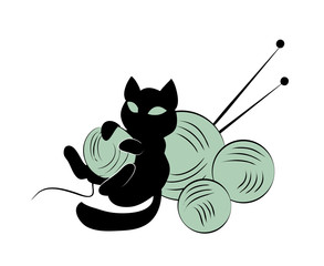 Black kitten playing with clews. Vector illustration.