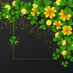 Saint Patrick s Day border with green and gold four and tree Leaf clovers and golden coins on black background. Party invitation template. Lucky,success and money symbols vector illustration.