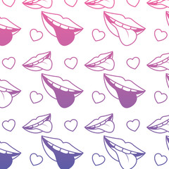 sensuality lips with tongue out and hearts pattern background vector illustration design