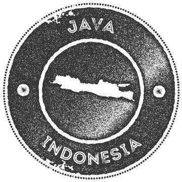 Java map vintage stamp. Retro style handmade label, badge or element for travel souvenirs. Dark grey rubber stamp with island map silhouette. Vector illustration.