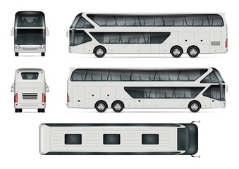 Bus vector mock-up. Isolated template of tour coach on white background. Vehicle branding mockup. Side, front, back, top view. All elements in the groups on separate layers. Easy to edit and recolor. © Yuri Schmidt