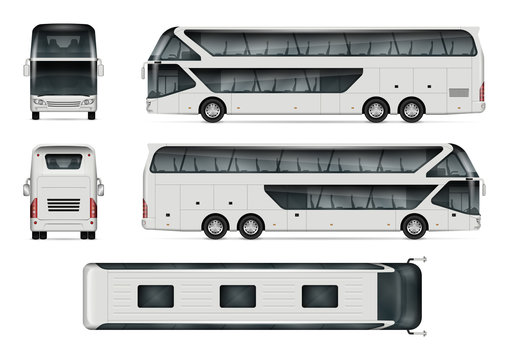 Bus vector mock-up. Isolated template of tour coach on white background. Vehicle branding mockup. Side, front, back, top view. All elements in the groups on separate layers. Easy to edit and recolor.