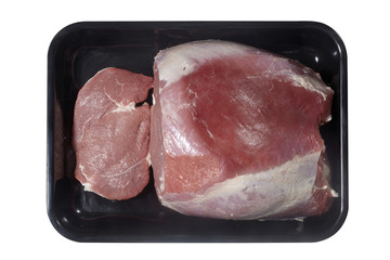 Supermarket plastic tray with veal isolated on white background. Top view
