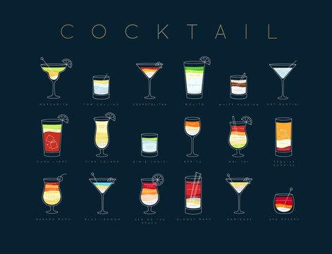 Poster cocktails flat menu dark blue