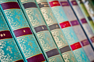 Books in a row.. Old books background. 