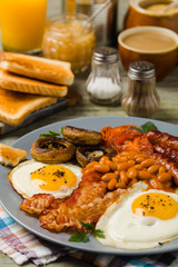 Full English breakfast, with sausage, mushrooms, beans and a fried egg.