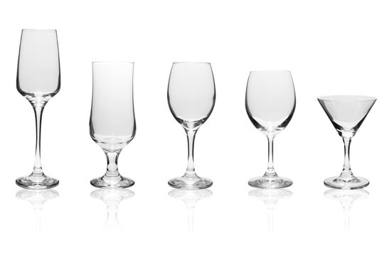 Various kinds of wine glasses isolated on white background with clipping path