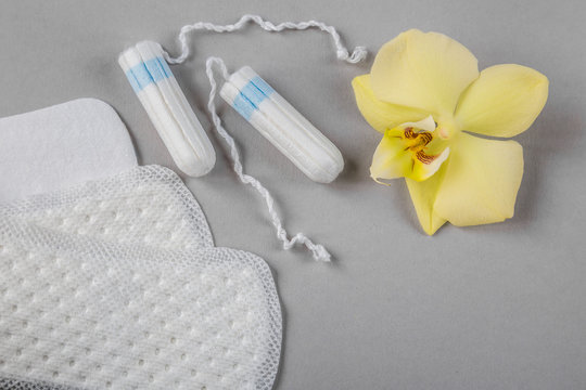 Means of protection of female hygiene. Hygienic tampons and pads on a gray background. Organic gaskets made of bio-cotton. Menstrual cycle.