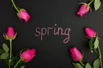 Pink roses on a black background with inscription spring