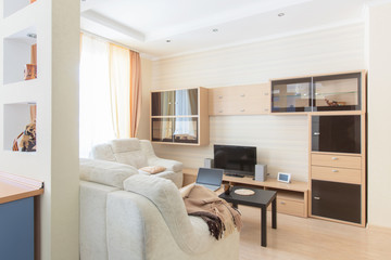 modern brown wall with wardrobes and TV view from the corner