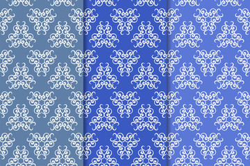 Set of blue floral ornamental designs. Vertical seamless patterns