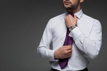 Cropped image of businessman correcting tie isolated on grey isolated on grey