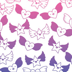 cute hearts love and stars with wings kawaii pattern vector illustration design