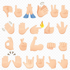 Set of cartoon hands icons and symbols. Emoji hand icons. Different hands, gestures, signals and signs, vector illustration collection.