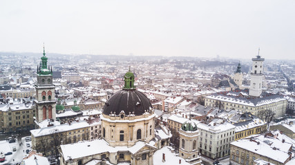 Fototapeta na wymiar February, 2018 - Lviv, Ukraine. Top View of Lviv City Centre in snow from above in winter