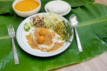 Rice vermicelli with fish curry and vegetable sauce Thai food ready to eat