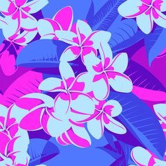 Seamless Ultraviolet Hawaiian tropical pattern with, palm leaves and flowers.