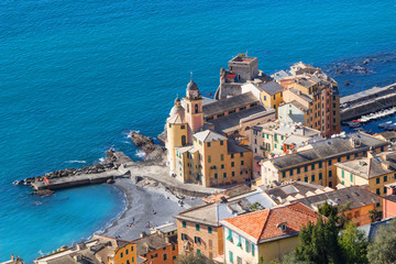 Obraz premium Beautiful town in Camogli Italy, European travel, Beautiful landscape with blue sea and blue sky and cityscape with bright day, Aerial view of Camogli a characteristic famous place Genoa Italy.