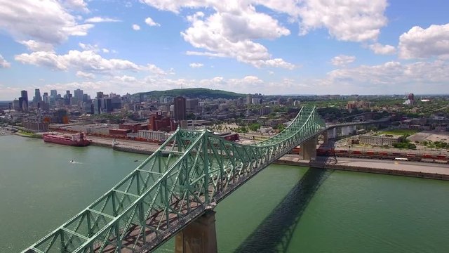 Montreal, Quebec, Canada, aerial view of Jacques Cartier bridge over the Saint Lawrence river.