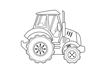 Blue Tractor Side View Coloring Book. Line Art.