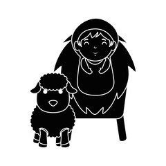 cute jesus baby in cradle with sheeps vector illustration design