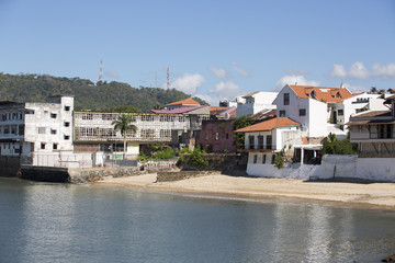 Fototapeta na wymiar Tourist attractions and destination scenics. View of street of Casco Antiguo, Panama City
