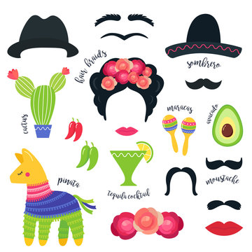 Mexican Fiesta Party Symbols and Photo Booth Props. Vector Design