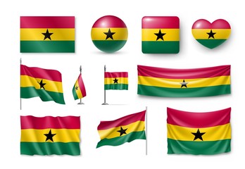 Set Ghana flags, banners, banners, symbols, Realistic icon. Vector illustration of collection of national symbols on various objects and state signs