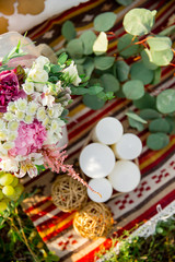 Flower decoration. Chamomile, eucalyptus, peonies, Alstroemeria