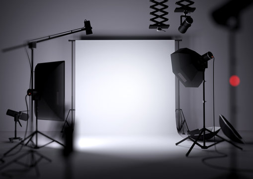An empty photo studio background with photography lighting equipment, 3D illustration