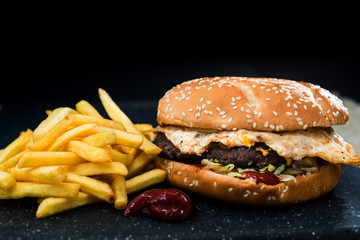 Cheese burger - American cheese burger with Golden French fries