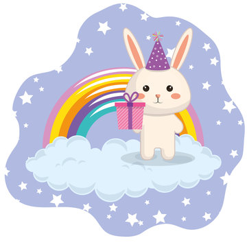 cute rabbit with rainbow kawaii birthday card vector illustration design