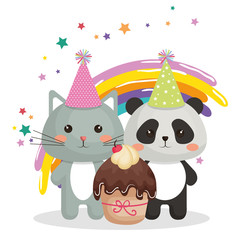 cute cat and bear panda sweet kawaii character birthday card vector illustration design