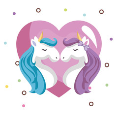 cute unicorns couple with heart kawaii character birthday card vector illustration design