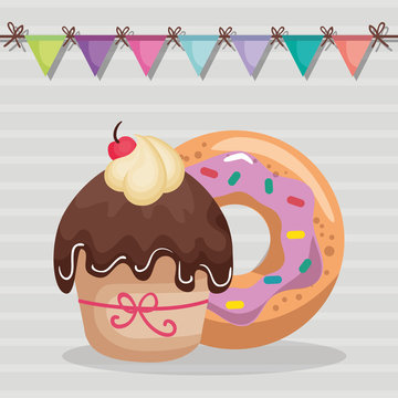sweet and delicious cupcake with donut birthday card vector illustration design