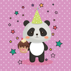 cute bear panda with cupcake kawaii birthday card vector illustration design