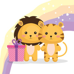 Obraz na płótnie Canvas cute lions couple kawaii birthday card vector illustration design