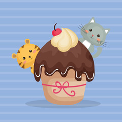 sweet and delicious cupcake with cats characters vector illustration design