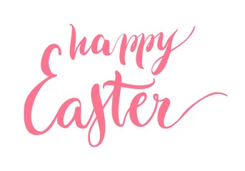 Obraz premium Lettering, happy easter, pink, isolated. Welcome inscription for the spring holiday on cards, posters and banners. Vector illustration