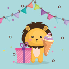 cute lion with gift and ice cream kawaii birthday card vector illustration design