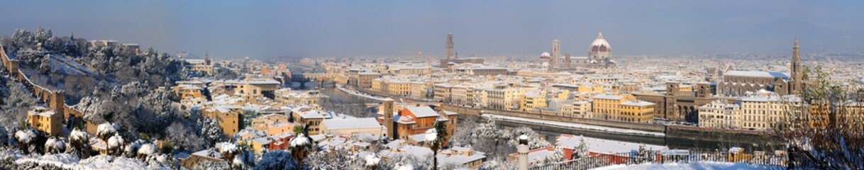 Fototapeta na wymiar Cityscape of Florence after a snowfall in winter season, as seen from Piazzale Michelangelo. Italy.