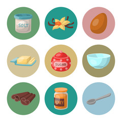 Baking pastry prepare cooking ingredients kitchen utensils homemade food preparation baker vector illustration.