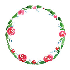 Watercolor floral wreath. Frame of pink flowers and green leaves.