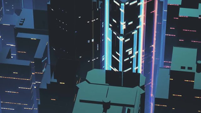 Synthwave city jungle flyover, neon lights, skyscrapers, beautiful background. Neon illumination in megalopolis

