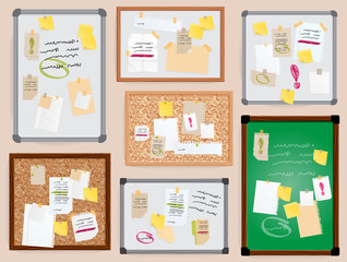 Office wall board pined stickers vector to-do planner pined on board illustration isolated officeplace stikers with bisiness notes text. Yellow, white paper message notebook sheet